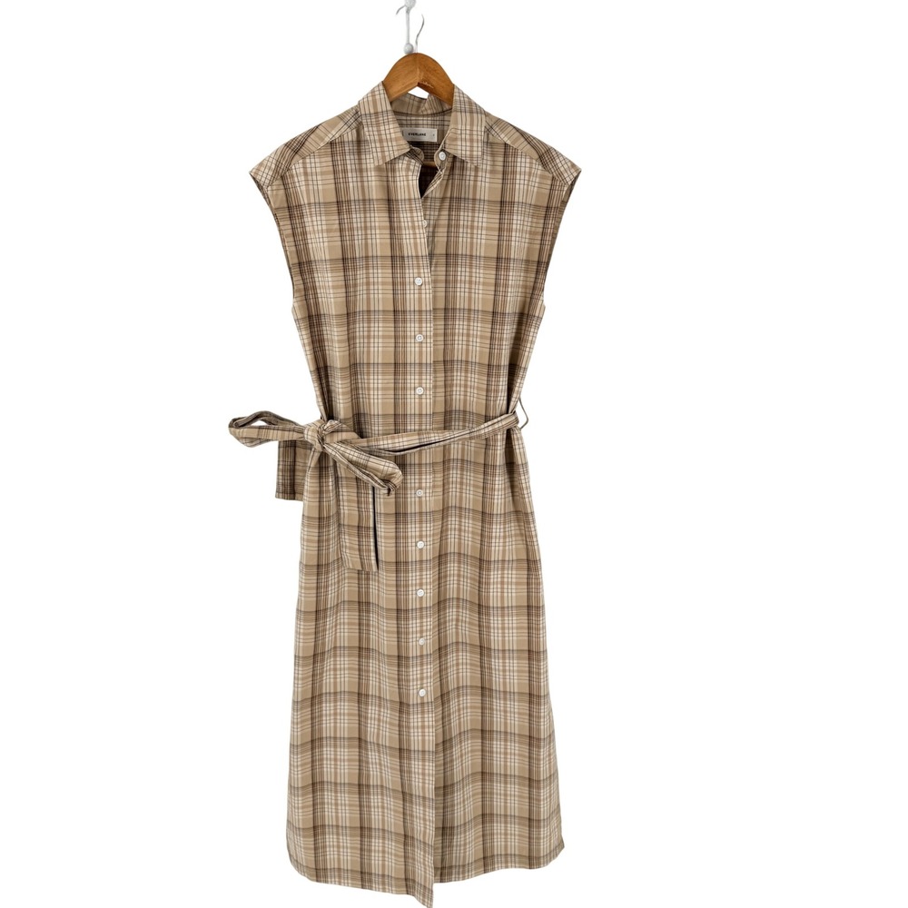 Everlane Shirt Dress Tan Plaid Size 2 Cap Sleeve Belted Midi Cotton Casual Dress